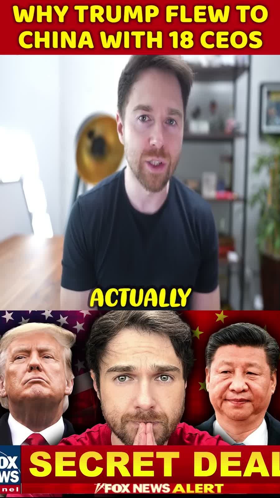 Facebook video frame about Trump, China, CEOs and a secret deal theory