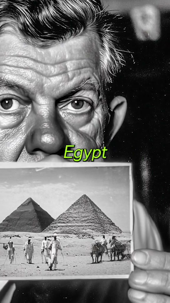 Extracted frame from a DoctorFiction1 Reel showing a man holding a pyramid photograph with an Egypt overlay