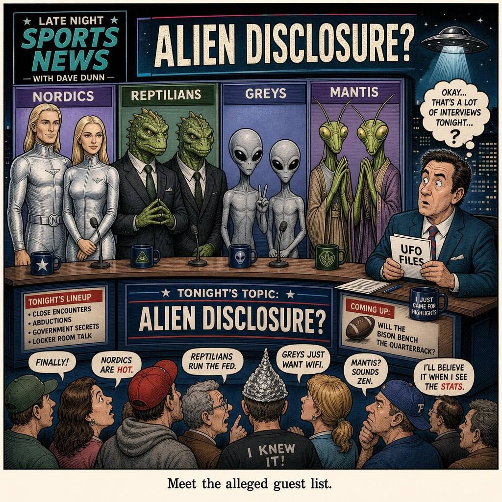 Comic-book style late-night sports news panel titled Alien Disclosure with alleged alien guest categories