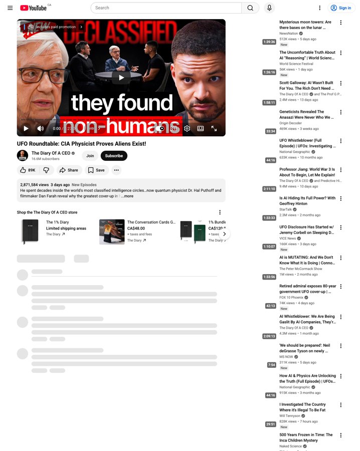 Screenshot of The Diary Of A CEO YouTube video titled UFO Roundtable: CIA Physicist Proves Aliens Exist